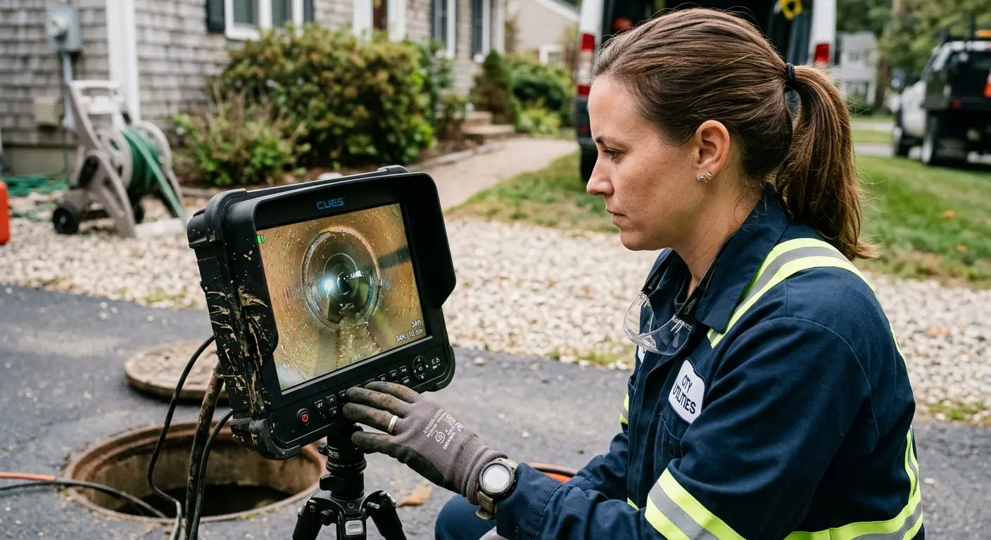 Technician reviewing sewer camera inspection footage in Richland