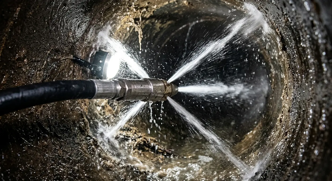 High-pressure hydro jetting nozzle cleaning sewer pipe for Emergency Drain Service in Richland
